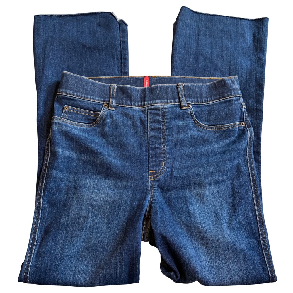 Spanx Flare Jeans Womens Medium Tall Dark Wash Pull On‎ Denim Raw Hem 20327T